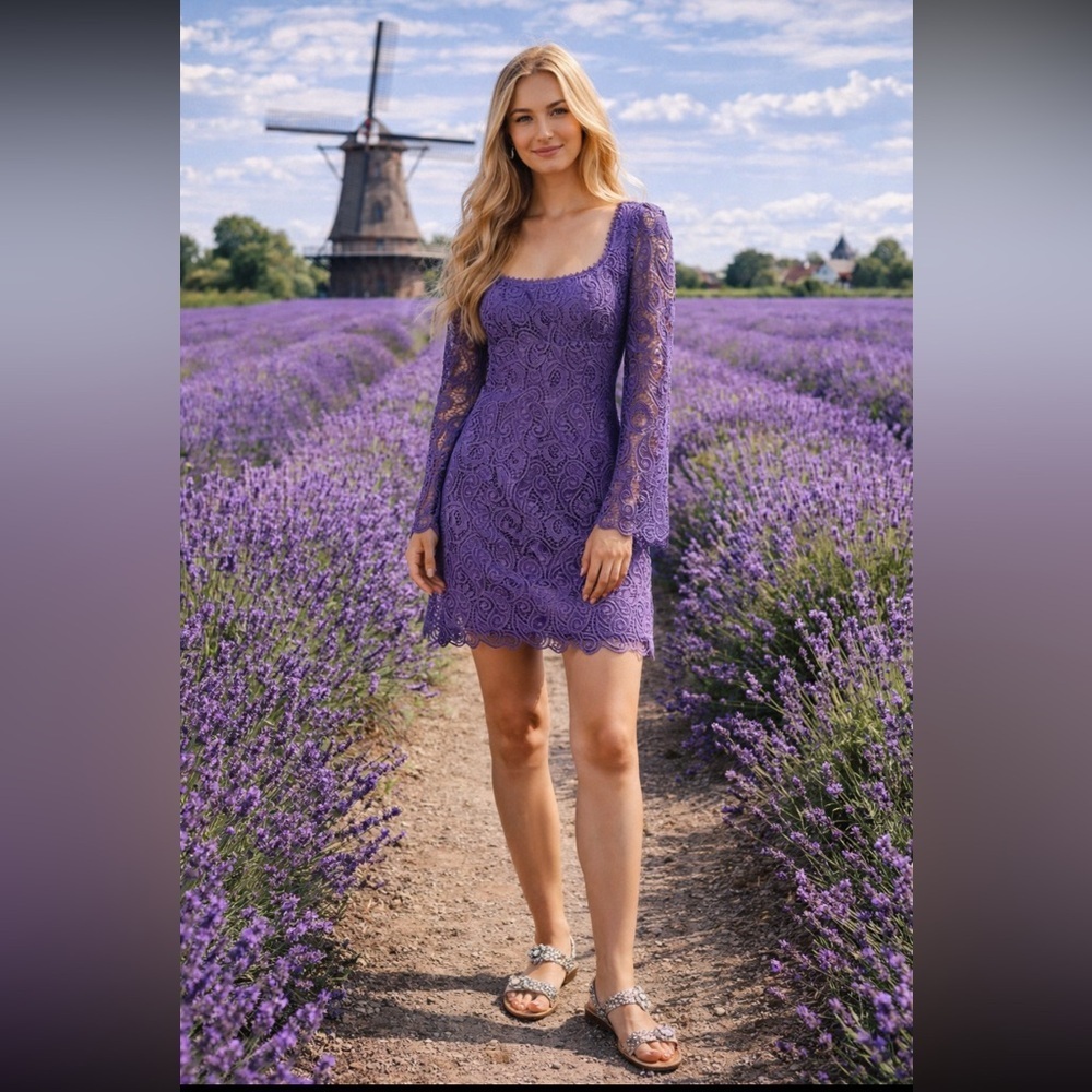 Anthropologie NWT Maeve Embroidered Lace Mini Lavender Dress Size 6.
